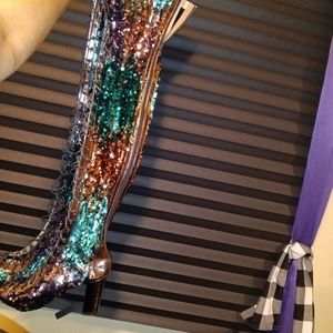 Multicolor Sequins Thigh High Boots w/ toe out